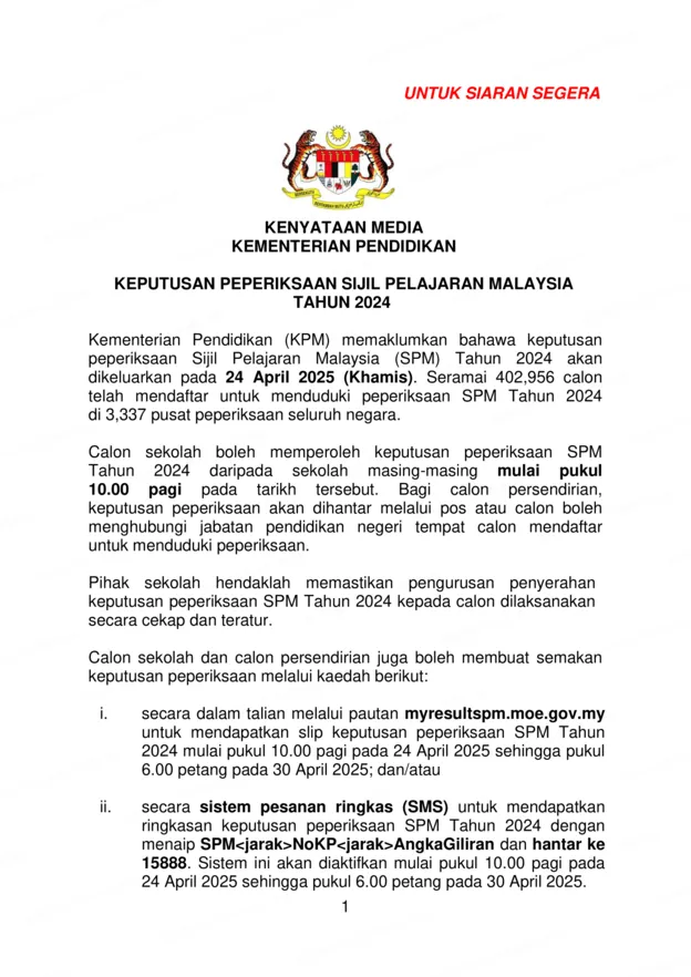 KM Keputusan Peperiksaan Sijil Pelajaran Malaysia Tahun