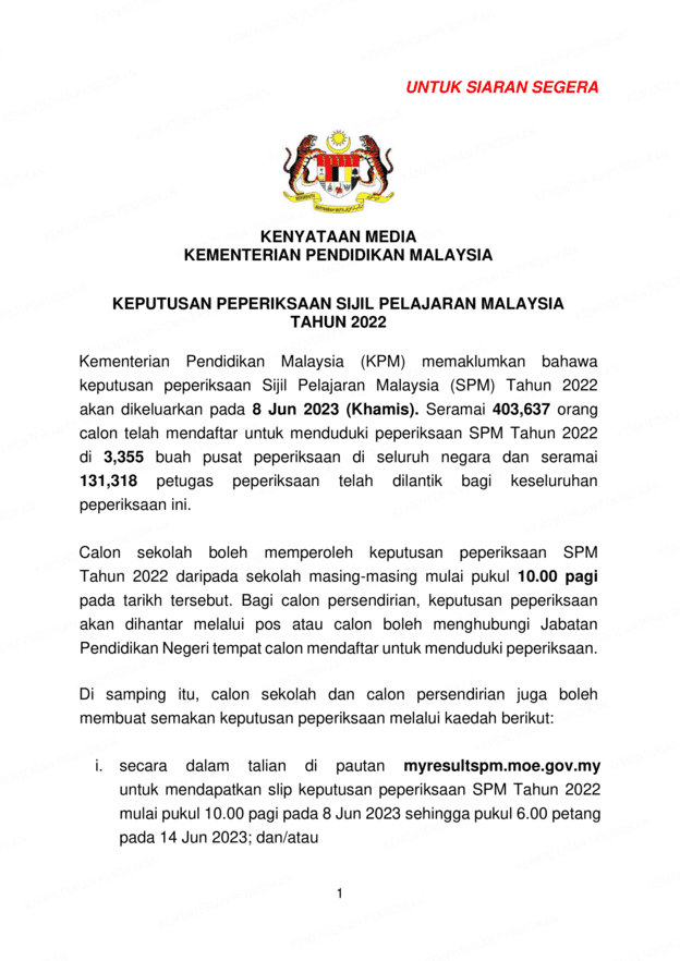KM KPM Berkaitan Keputusan Peperiksaan SPM Tahun