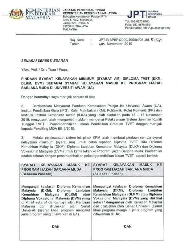 surat kpm 1 Pindaan Syarat Am Diploma TVET (DKM DLKM DVM)
